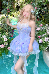 Blue [Starlight Jellyfish Princess] Halterneck Sleeveless Ruffle Lace Sweet Lolita Jsk Dress - Blue - 1