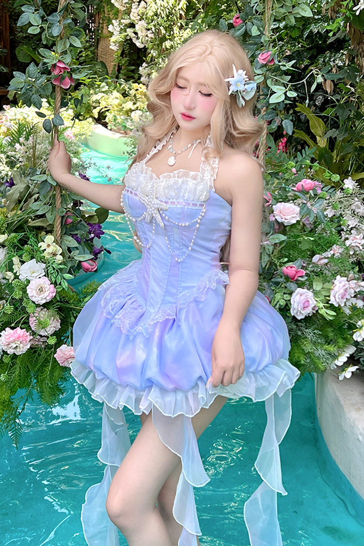 Blue [Starlight Jellyfish Princess] Halterneck Sleeveless Ruffle Lace Sweet Lolita Jsk Dress - Blue - 1
