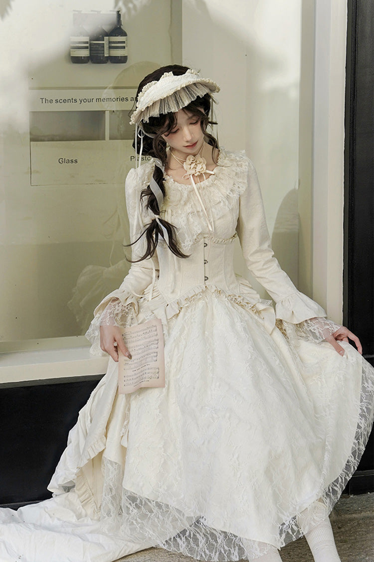 Ivory [White Tea] Long Sleeves Ruffle Bowknot Lace Irregular Classic Princess Lolita Dress - Product - 4