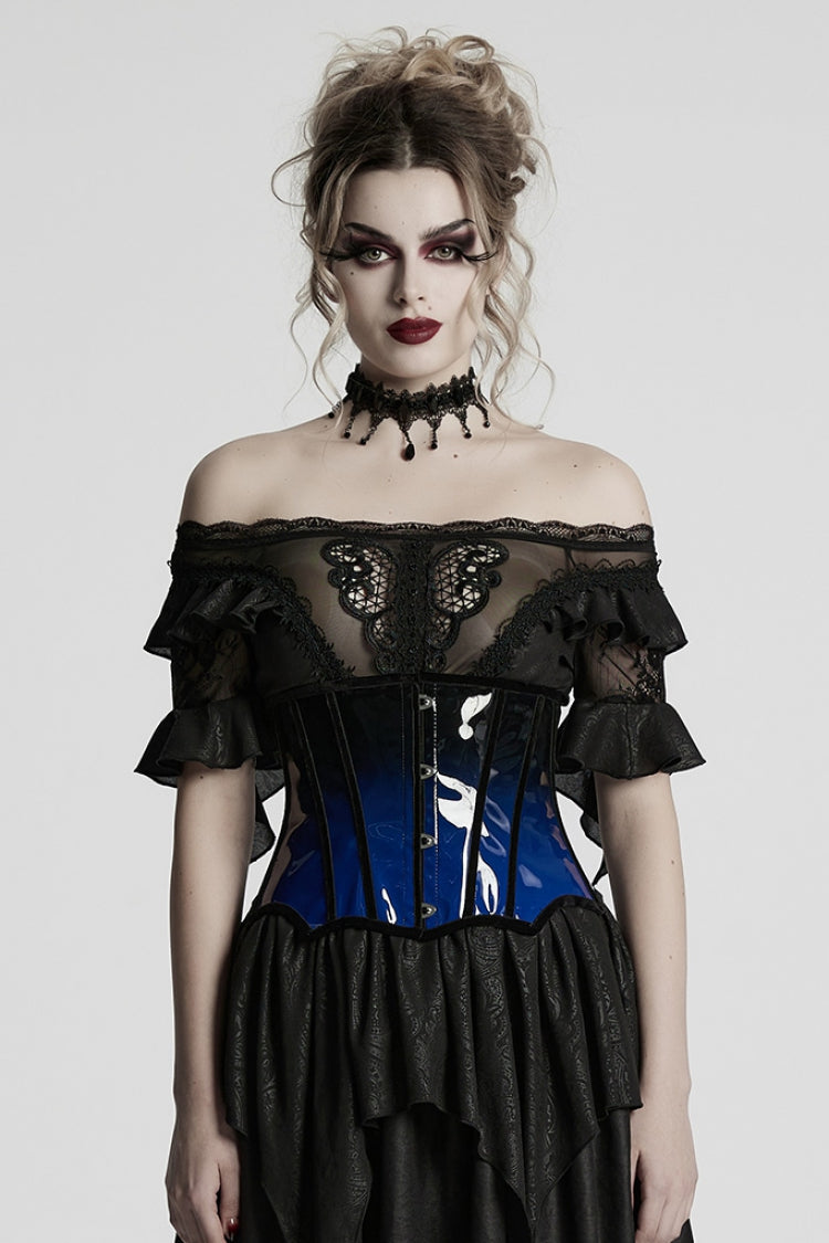 Black/Blue Gradient Patent Leather Women's Gothic Underbust Corset - Black/Blue - 1
