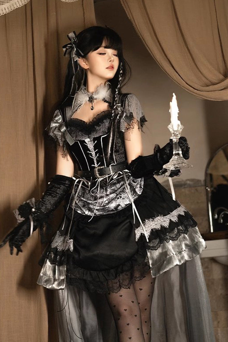 Black [Dark Night Rose] Short Sleeves Print Ruffle Bowknot Lace Asymmetric Gothic Lolita Dress - Product - 5