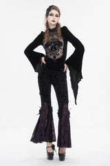 Black/Purple Printed Lace Embroidered Women's Gothic Flared Pants - Product - 7