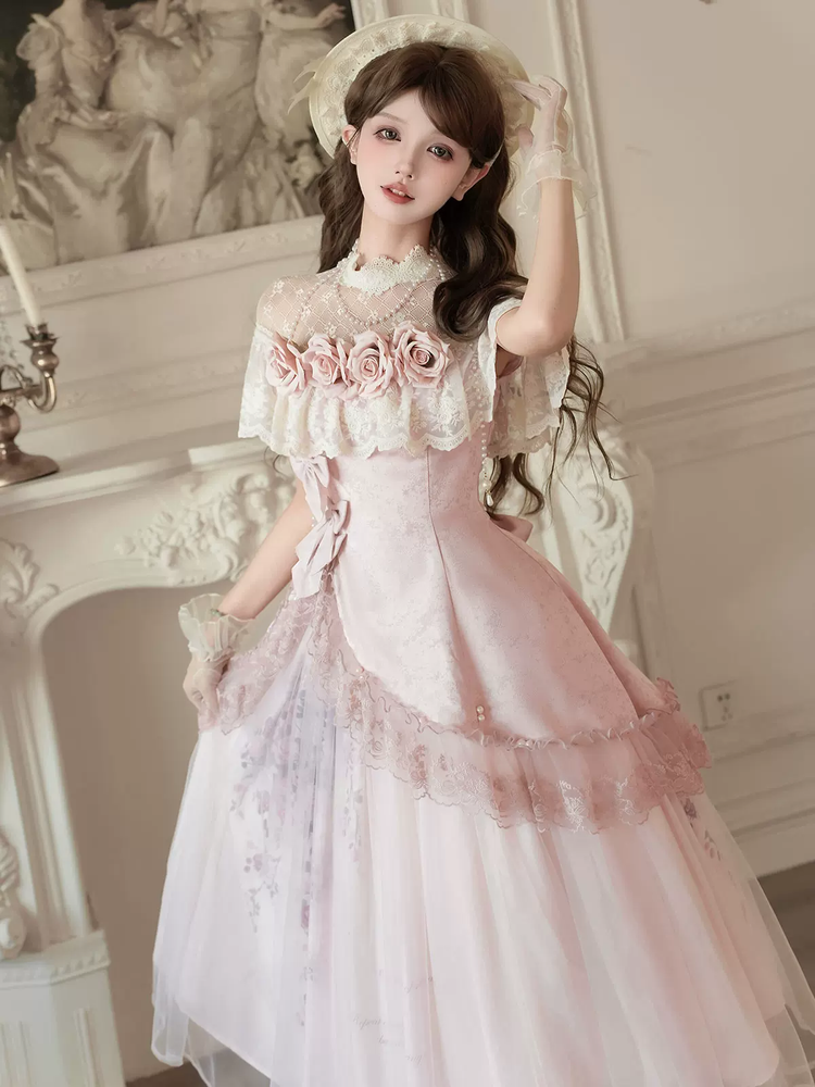 Pink Floral Mesh Lace Ruffled Rose Sweet Princess Vintage (Set) detail view 8
