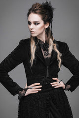 Black Lace Waist Woollen Womens Velvet Short Gothic Jacket With Tail - Product - 5