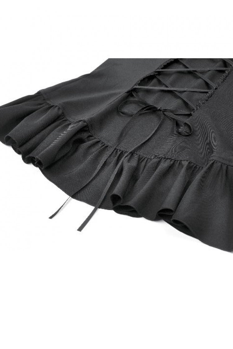 Black Stand Collar Long Trumpet Sleeves Multi-Layered Ruffled Lace Patchwork Lace-Up Women's Victorian Gothic Blouse - Product - 18