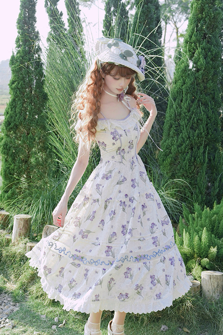 Ivory [Moonlight Iris] Off Shoulder Print Ruffle Embroidery Lace Sweet Lolita Jsk Dress - Product - 5