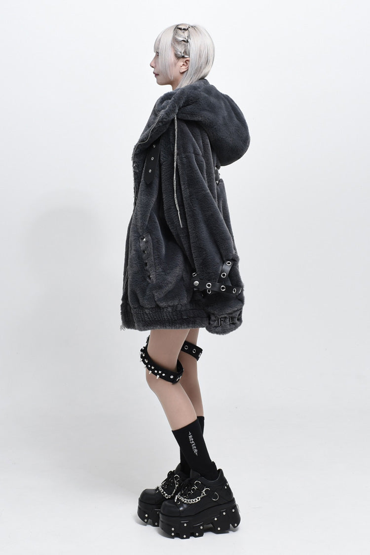 Jirai Kei Long Sleeves Hooded Zipper Punk Japanese Coat With Cross Leather Buckles 2 Colors - Product - 12