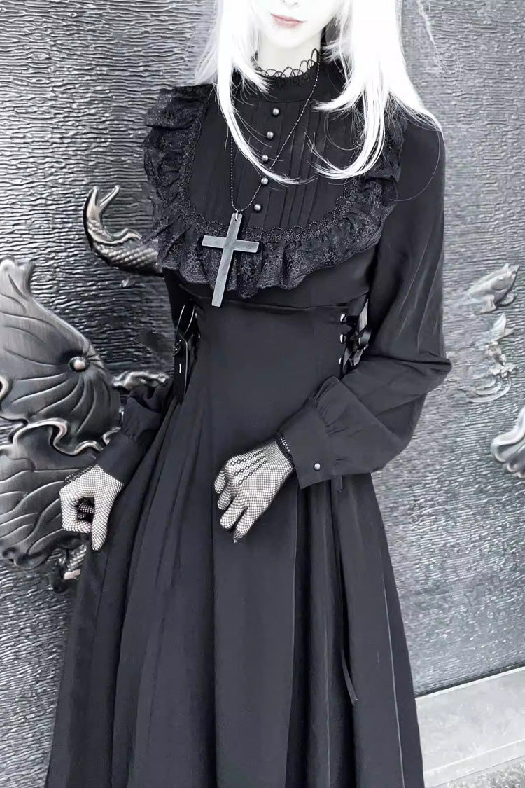 Black Stand Collar Long Sleeves Ruffled Lace-Up Gothic Lolita Dress - Black - 1