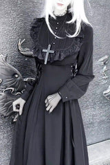 Black Stand Collar Long Sleeves Ruffled Lace-Up Gothic Lolita Dress - Black - 1