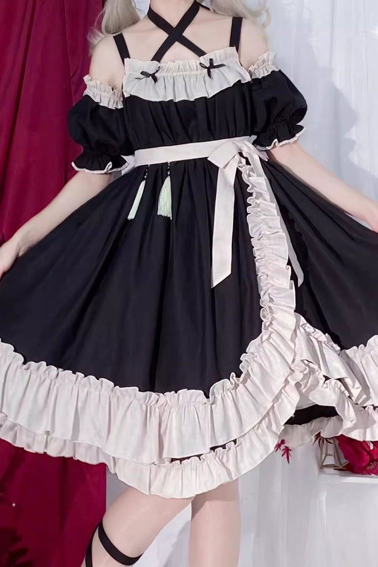 Black [Monet Estate] Sleeveless High Waisted Ruffle Bowknot Asymmetric Gothic Lolita Jsk Dress - Product - 4