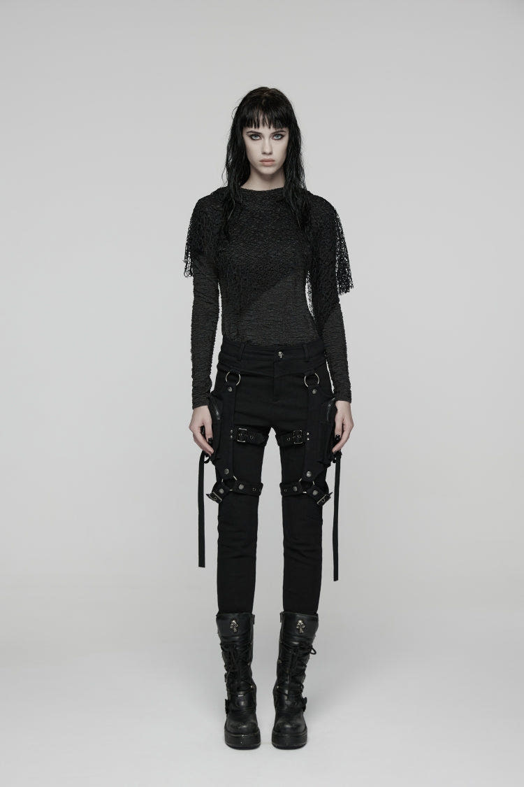 Black Patchwork Slim Fit Mesh Detachable Eyelet Women's Punk Military Cool Pants - Black - 1