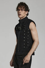 Black Stand Collar Sleeveless Stitching Buckle Decoration Mens Steampunk Vest - Product - 3