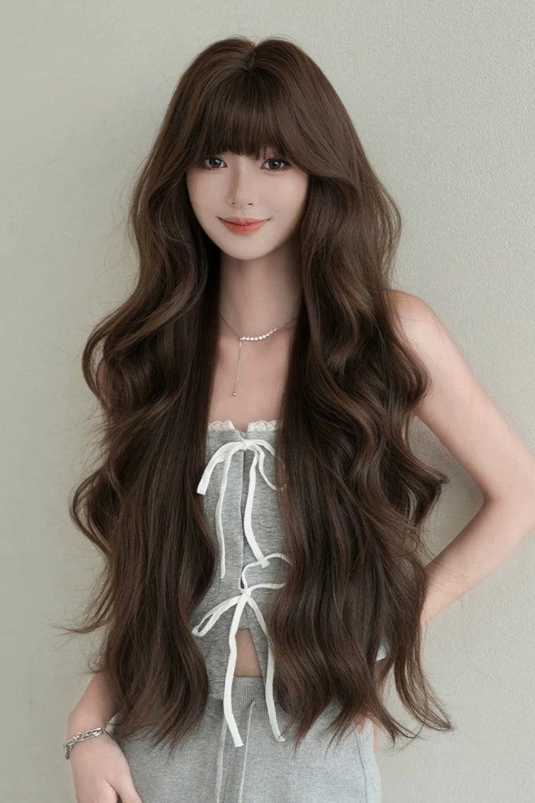 Morandi Tea Brown Fluffy Extra Long Loose Wave Sweet Lolita Wig with Full Bangs - Product - 5