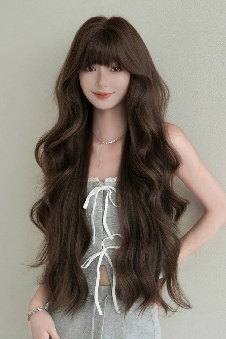 Morandi Tea Brown Fluffy Extra Long Loose Wave Sweet Lolita Wig with Full Bangs - Product - 5