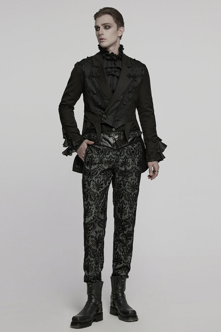 Black Lapel Collar Long Sleeves Frog Jacquard Embroidery Men's Gothic Coat - Product - 4