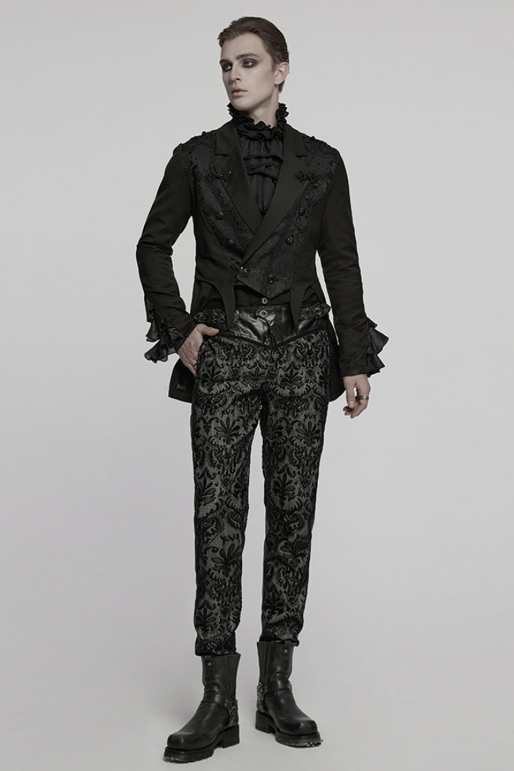Black Lapel Collar Long Sleeves Frog Jacquard Embroidery Men's Gothic Coat - Product - 4