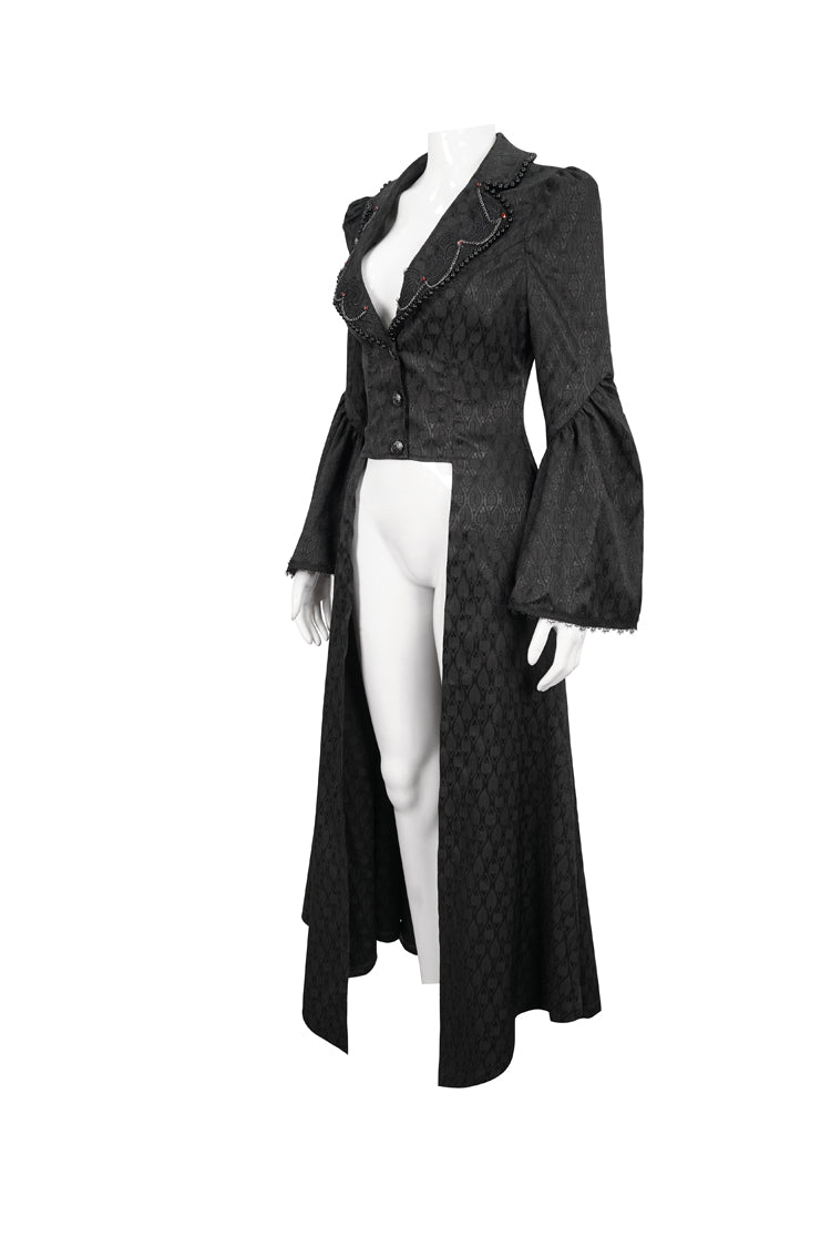 Black Jacquard Short Front Long Back Lapel Bead And Chain Trim Large Cuffs With Lace Trim Back Strap Thin Long Women's Gothic Coat - Product - 7