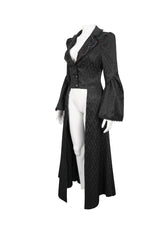 Black Jacquard Short Front Long Back Lapel Bead And Chain Trim Large Cuffs With Lace Trim Back Strap Thin Long Women's Gothic Coat - Product - 7
