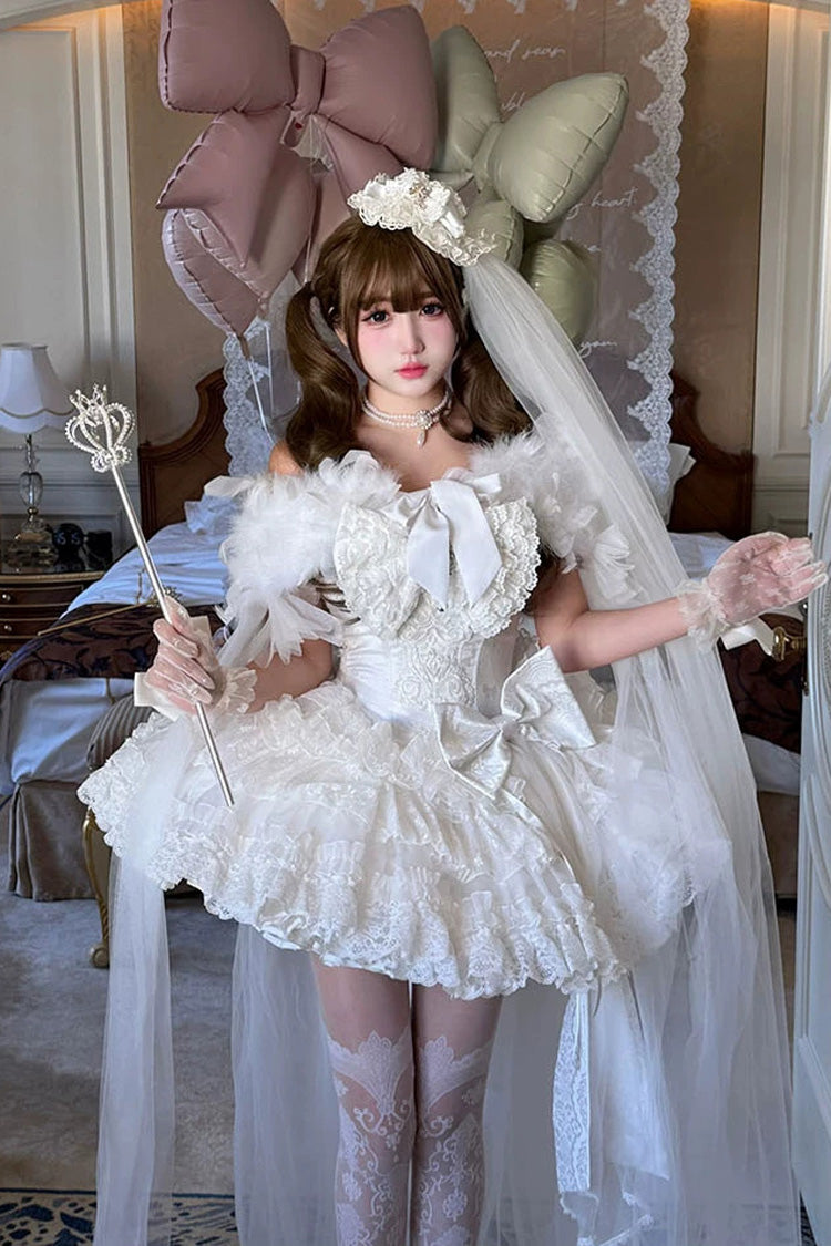 White [White Feather Promise] Sleeveless Multi-Layered Ruffled Hanayome Bow Lace Sweet Lolita Jsk Dress - White - 1