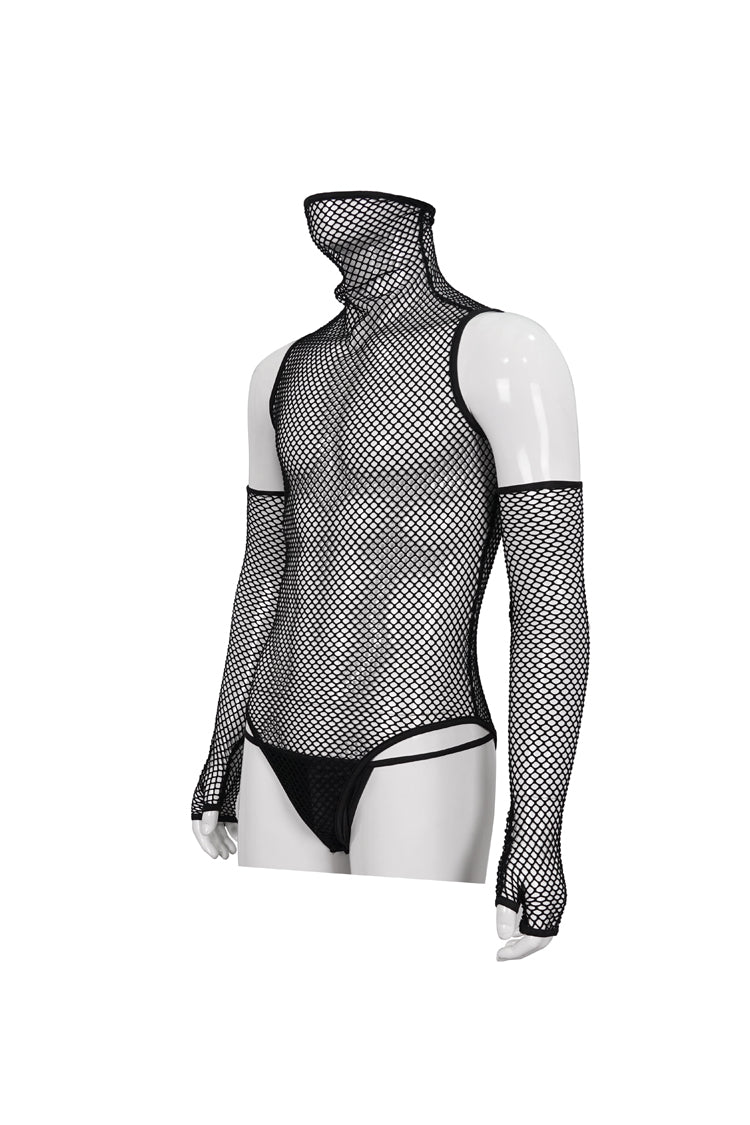Black Transparent Mesh Sexy Super High Collar Masked Glove Thong Men's Punk Onesie - Product - 8