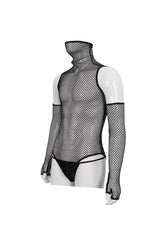 Black Transparent Mesh Sexy Super High Collar Masked Glove Thong Men's Punk Onesie - Product - 8