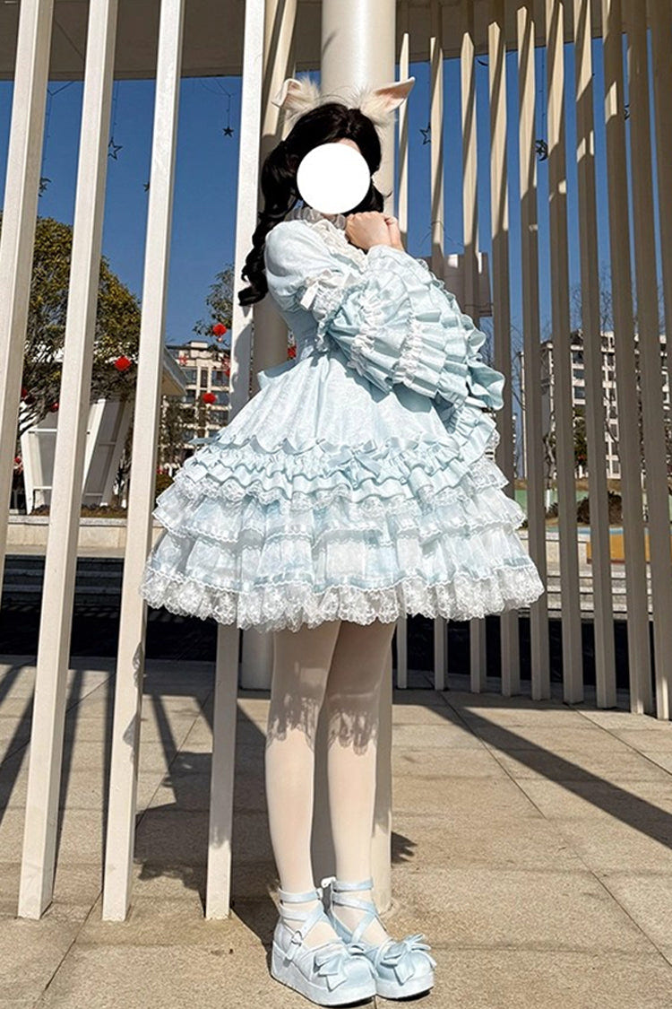 ブルー [The Soloist Doll] ロング 姫袖 ティアード プリント フリル リボン アシンメトリー スウィートロリータワンピース 商品画像