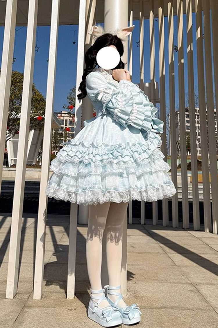 Blue [The Soloist Doll] Long Hime Sleeves Multi-Layered Print Ruffle Bowknot Asymmetric Sweet Lolita Dress - Product - 19