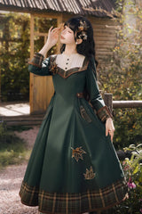 Green [Autumn Chronicles] Round Collar Long Sleeves Printed Embroidered Spliced Slim Sweet Lolita Dress - Green - 1