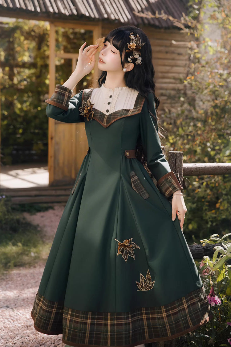 Green [Autumn Chronicles] Round Collar Long Sleeves Printed Embroidered Spliced Slim Sweet Lolita Dress - Green - 1