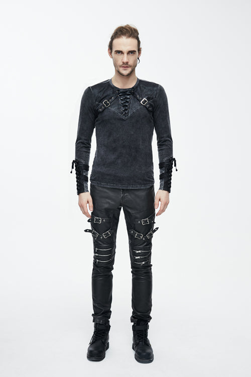 Black Faded Long Sleeves Lace Up Mens Punk T-Shirt - Product - 5