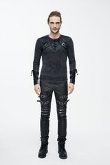 Black Faded Long Sleeves Lace Up Mens Punk T-Shirt - Product - 5