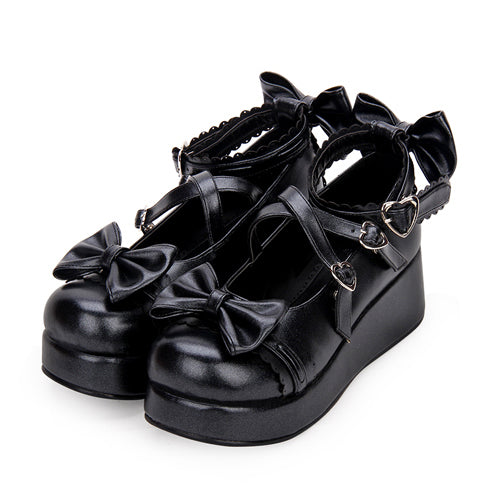 Cute Round Toe Shallow Mouth Bowknot Middle Heels Lolita Shoes - Black - 2