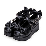 Cute Round Toe Shallow Mouth Bowknot Middle Heels Lolita Shoes - Black - 2