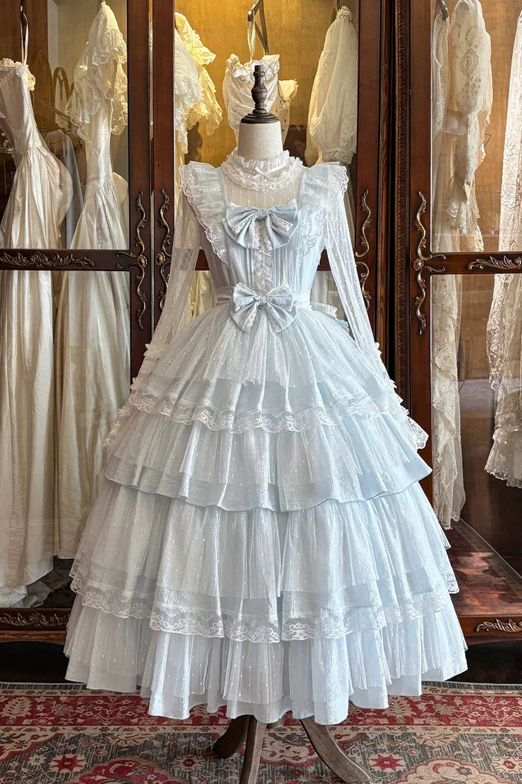 Blue [Aegean] Square Collar Flutter Sleeves Multi-Layered Ruffled Bow Sweet Lolita Jsk Dress Set - Product - 9