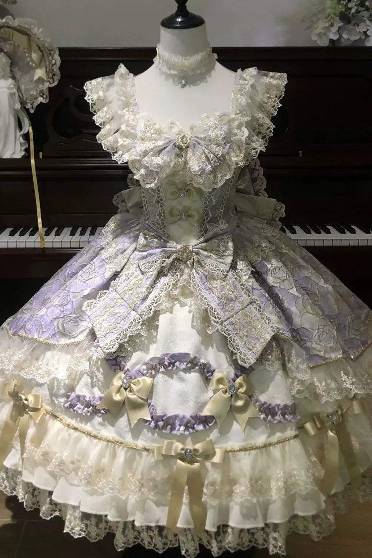 Purple [Gilded Waltz] Square Collar Sleeveless Printed Ruffled Embroidered Bow Lace Gorgeous Sweet Lolita Jsk Dress - Product - 3