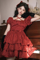 Red Thorn Rose Short Sleeves Multi-layer Ruffle Bowknot Gothic Princess Lolita Dress - Product - 6