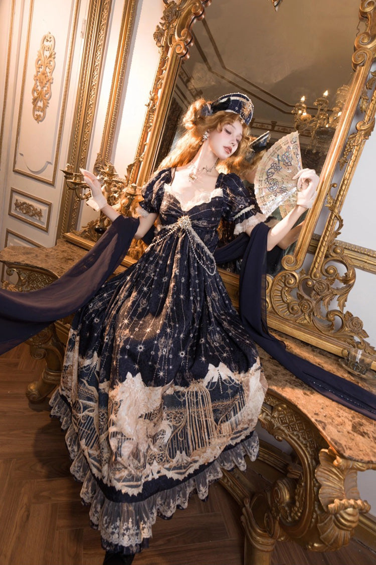 Blue [Unicorn] V Collar Short Sleeves Empire Motif Print Embroidery Bowknot Lace Sweet Elegant Lolita Dress - Product - 9