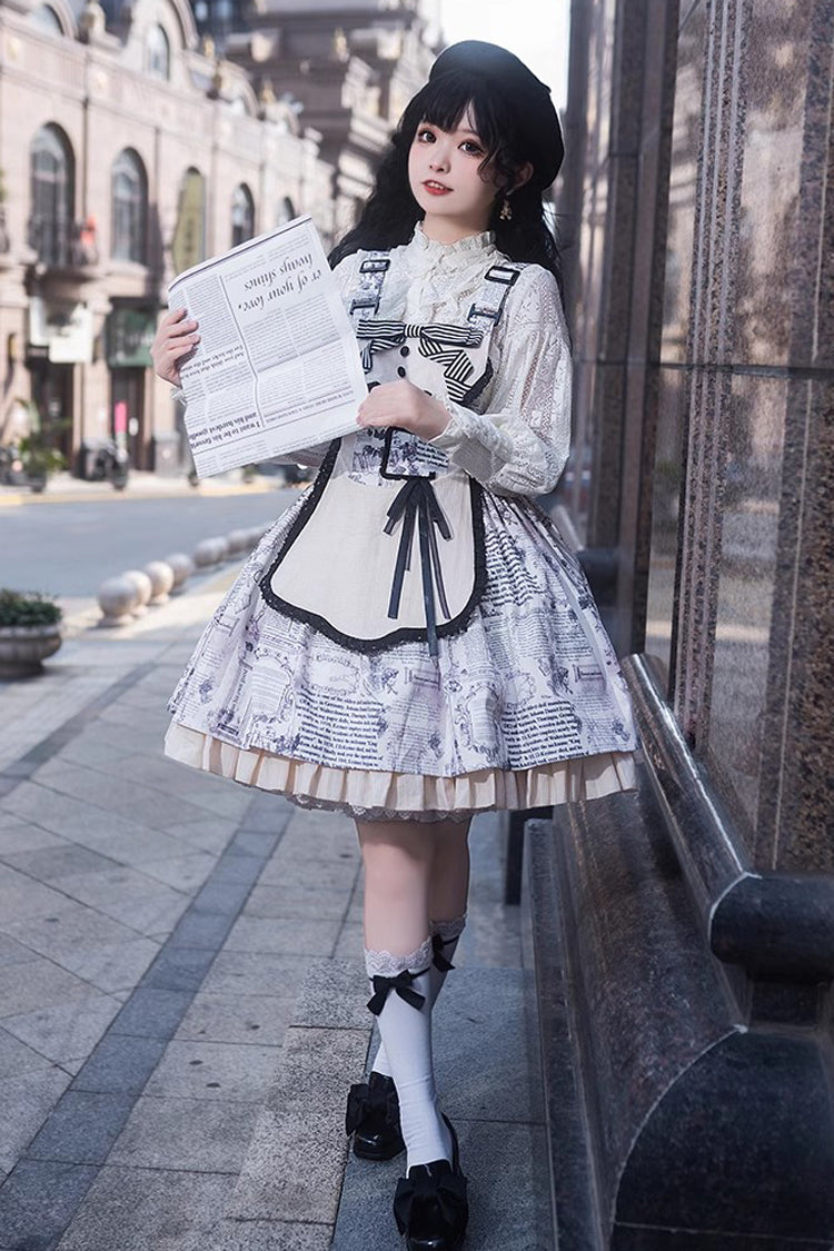 White Vintage Berlin Daily Print Removable Apron Classic Lolita Strap Dress - Product - 3
