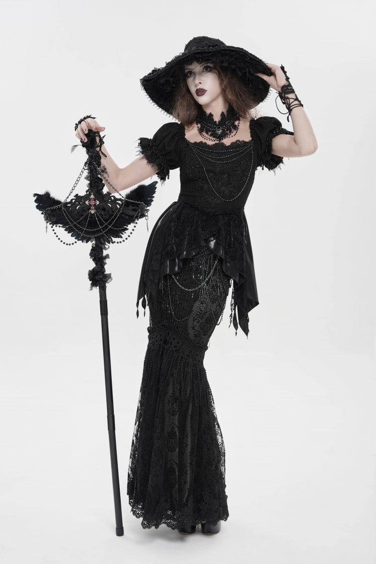 Black Double-Layered Embroidered Lace Slim Pearl-Decorated Women's Gothic Skirt - Product - 5