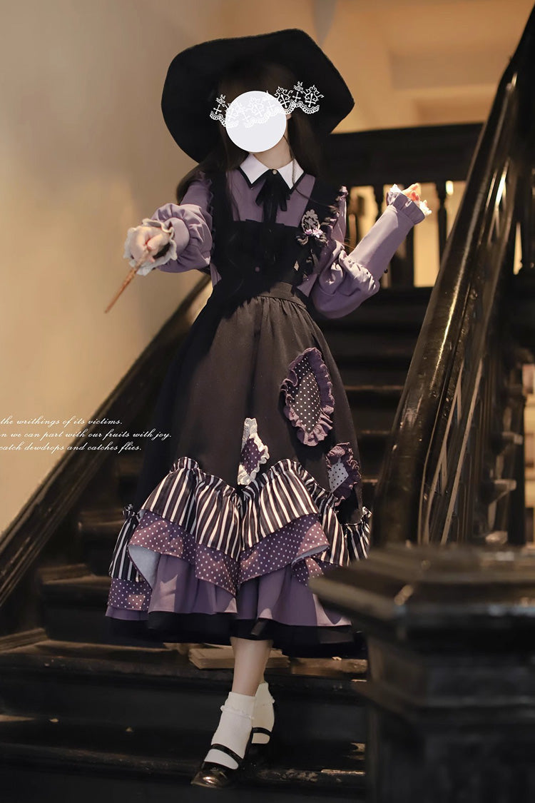 Black [Witch Academy] Double-Layered Stripe Print Ruffle Bowknot Irregular Sweet Lolita Jumper Dress - Product - 9