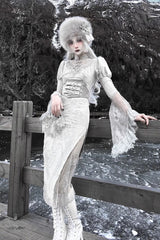 Silver [The Call of the Snow Country] V Collar Long Sleeves High Waisted Ruffle Lace Gothic Lolita Fishtail Dress - Product - 2