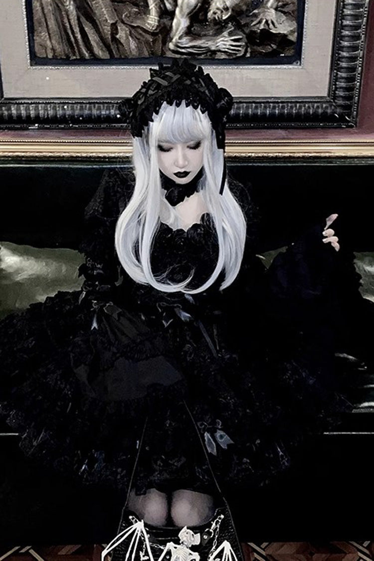 Pure Black Puff Short Sleeves Princess Gothic Lolita Tiered Dress - Product - 7