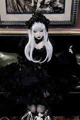 Pure Black Puff Short Sleeves Princess Gothic Lolita Tiered Dress - Product - 7