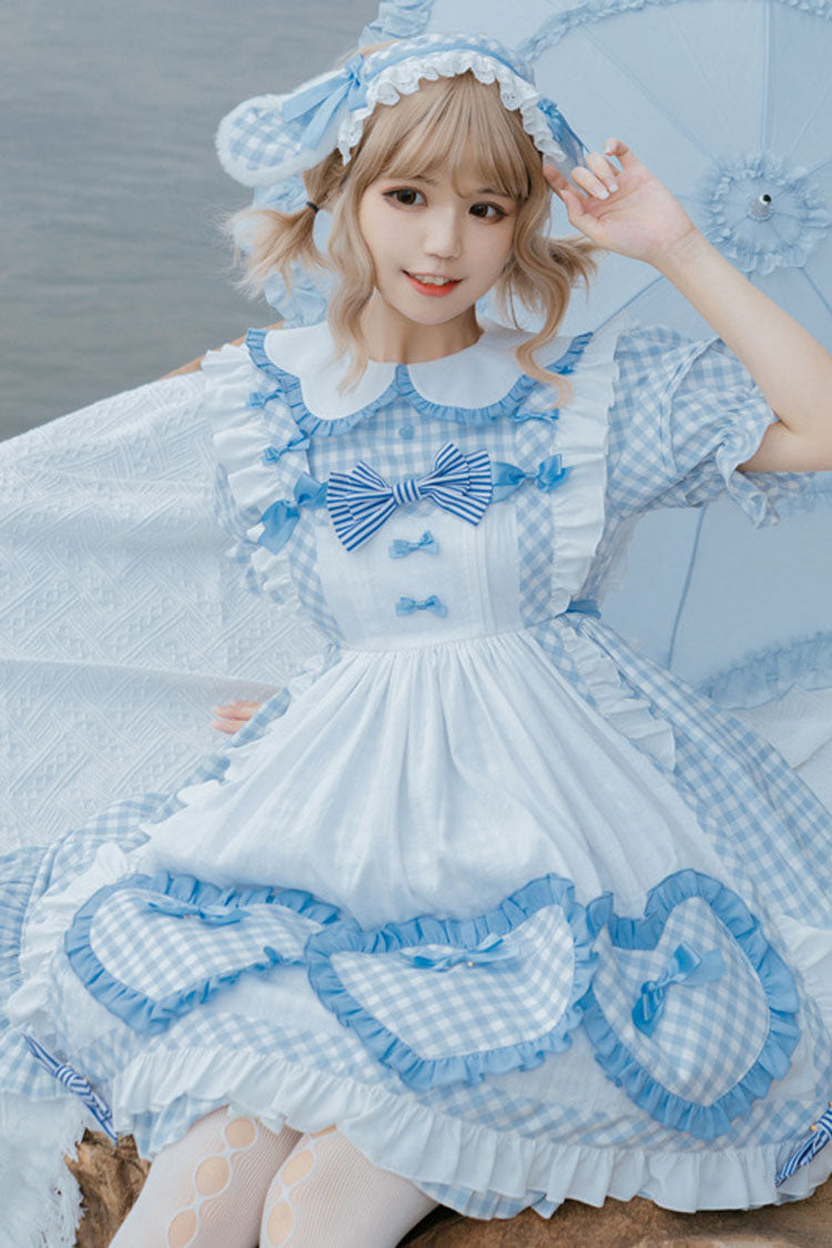 Light Blue Love Plaid Print Bowknot Short Sleeves Princess Sweet Lolita OP Dress (Apron is included) - Product - 3