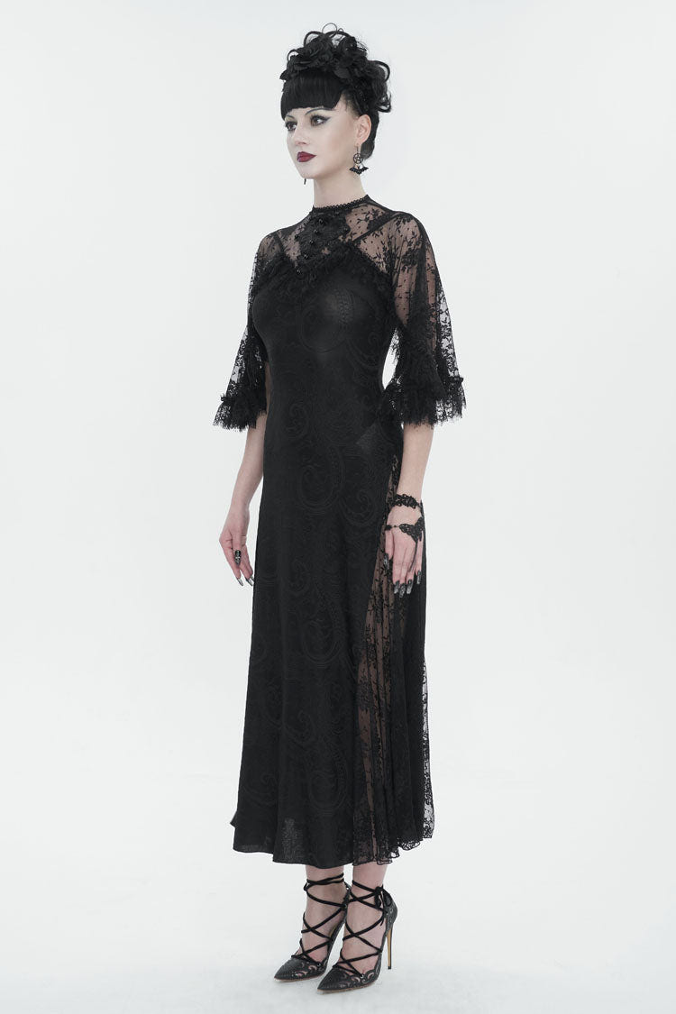 Black Stretch Printed Knit Panel Lace High Slit Asymmetric Women's Gothic Dress - Product - 3