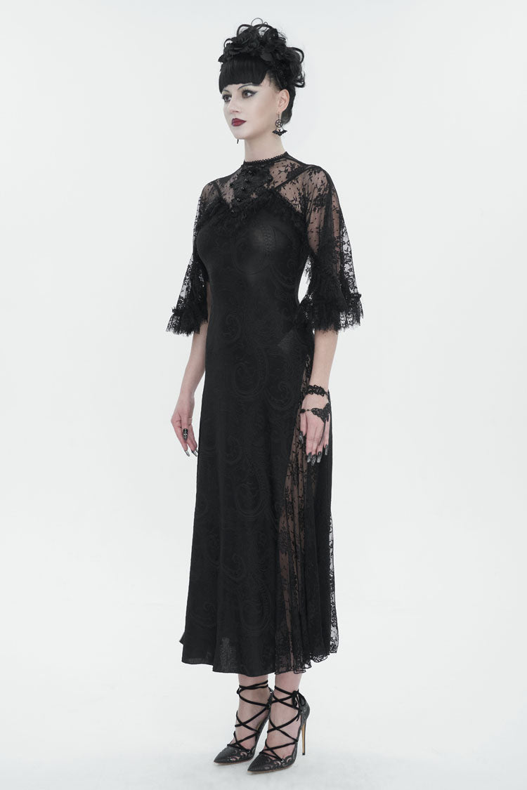 Black Stretch Printed Knit Panel Lace High Slit Asymmetric Women's Gothic Dress - Product - 3