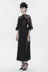 Black Stretch Printed Knit Panel Lace High Slit Asymmetric Women's Gothic Dress - Product - 3