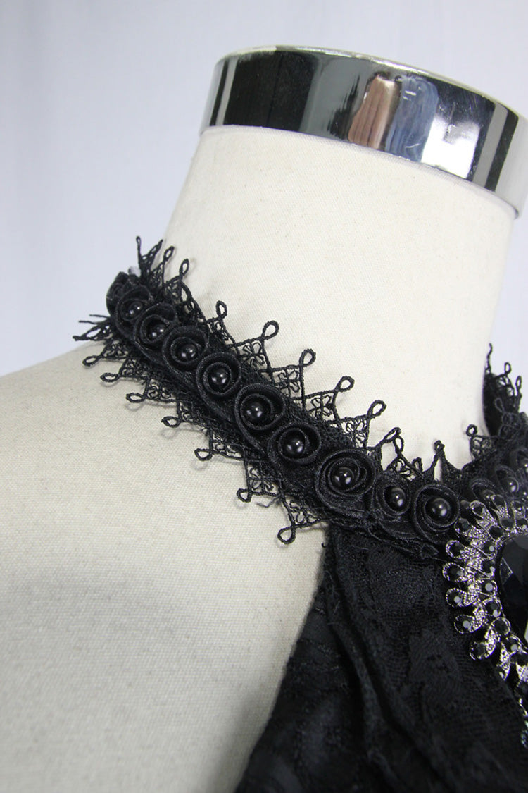 Black Lace Jacquard Jewel Pins Men's Gothic Tie - Product - 6
