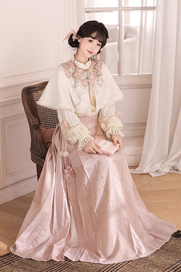Pink [Cherry Blossoms Falling] Stand Collar Long Sleeves High Waisted Jacquard Printed Women's Sweet Hanfu Dress Set - Product - 9