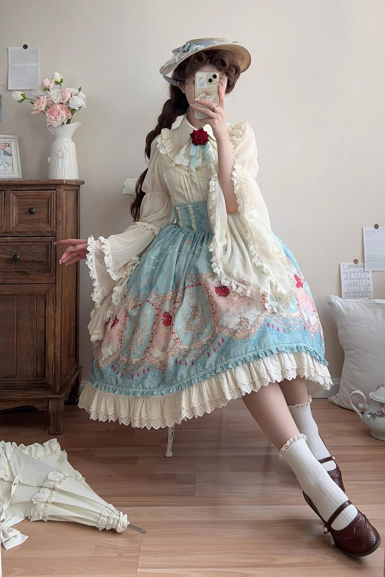 Blue [Moonlit Garden Secret] Print Ruffle Embroidery Lace Sweet Elegant Palace Lolita Skirt - Product - 6
